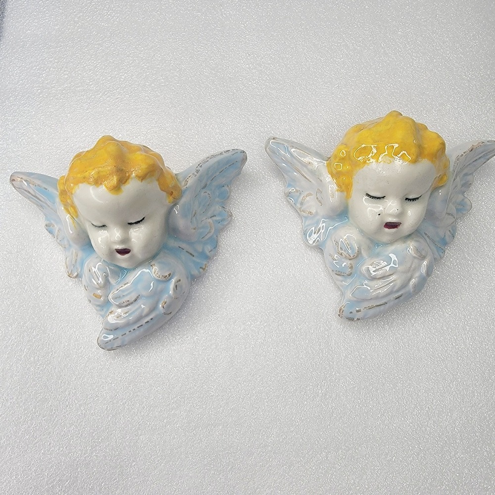 Vintage Pair of Ceramic Cherub Angel Wall Hangings Blonde Hair Blue Wings